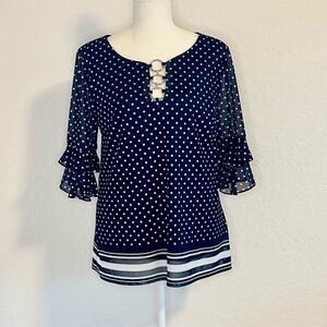Juniper + Lime Nautical Navy Blue Polka-Dot Blouse, Size SP